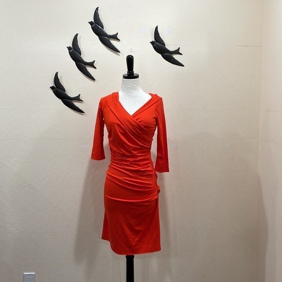 Diane von Furstenberg Bentley Three-Quarter-Sleeve Ruched Dress Blood Orange - S - Picture 4 of 10
